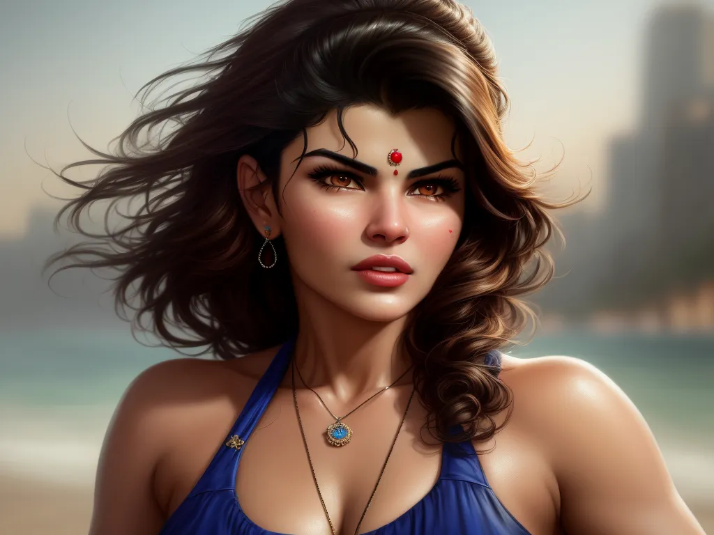 make picture 1080p - a woman with a blue top and a necklace on her neck and a city in the background with a blue sky, by Lois van Baarle