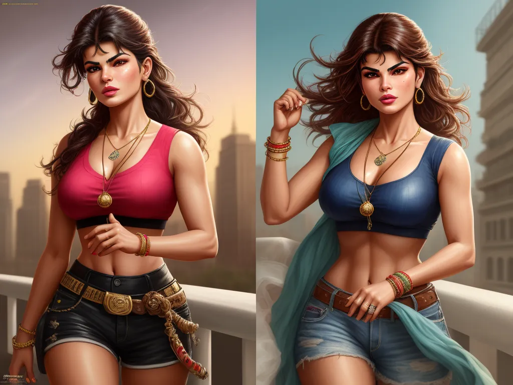 enhancer - two pictures of a woman in different outfits and jewelry, one of which is wearing a bra and the other of which is wearing shorts, by theCHAMBA