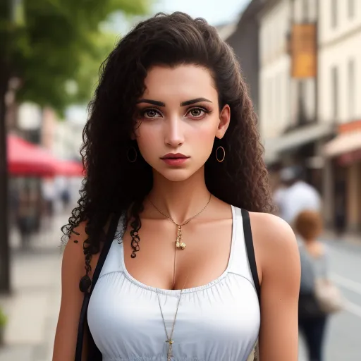 turn picture online - a woman with a cross body top and a necklace on a street corner with a man walking by her, by Sailor Moon