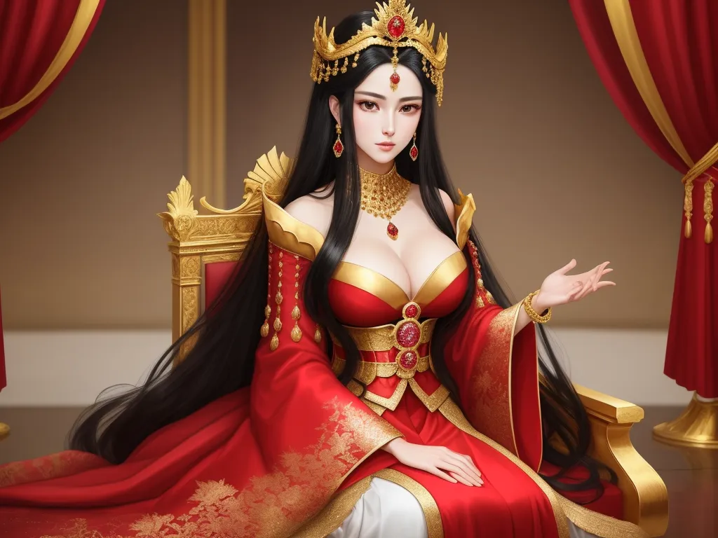 high res images - a woman in a red and gold dress sitting on a chair with a crown on her head and a red curtain behind her, by Chen Daofu