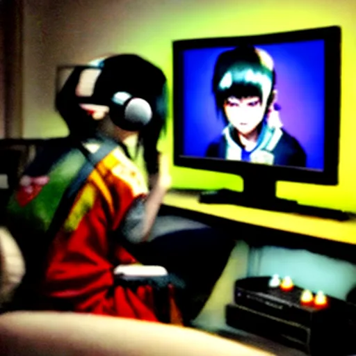 a person sitting in front of a television with headphones on and a video game on the screen behind them, by Terada Katsuya