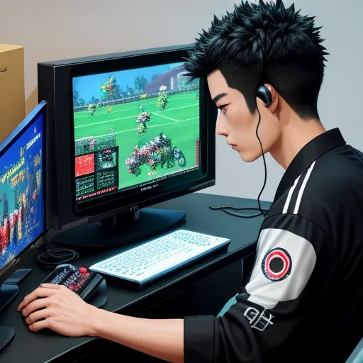 a man sitting at a desk with a computer and a keyboard and mouse in front of him, playing a video game, by Terada Katsuya