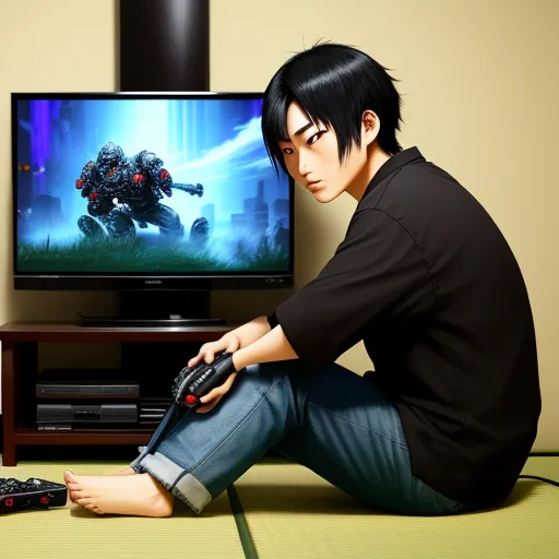 a man sitting on the floor in front of a tv holding a remote control in front of a television, by Terada Katsuya