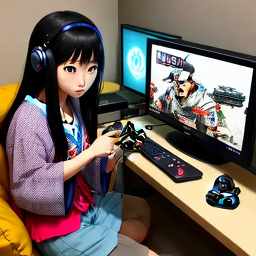 creating images with ai - a girl sitting in front of a computer with headphones on and a video game controller in her hand, by Terada Katsuya