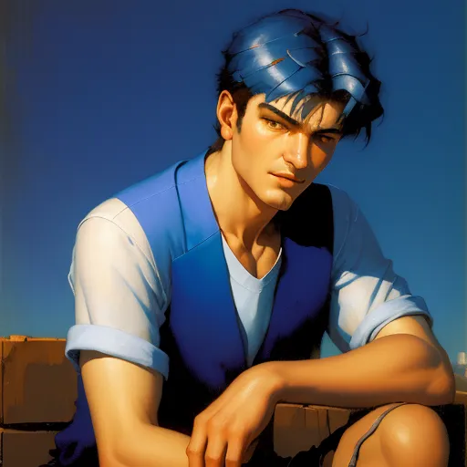 a man with a blue shirt and a blue hat sitting on a brick wall with his hands on his knees, by Hirohiko Araki