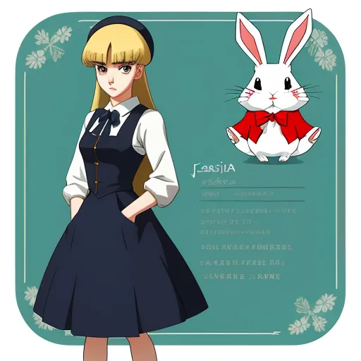 ai image generator from text - a girl in a dress and a rabbit in a bow tie standing next to a sign that says asia, by Hanabusa Itchō