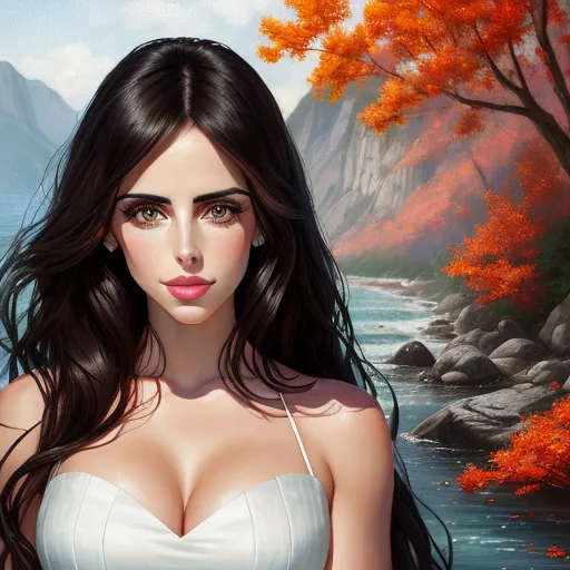 4k quality converter - a woman in a white dress standing in front of a river and trees with orange leaves on it and a mountain in the background, by Cyril Rolando