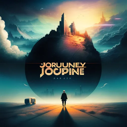 a poster for journey to the joodine with a man standing in front of a large, distant city, by John Martin