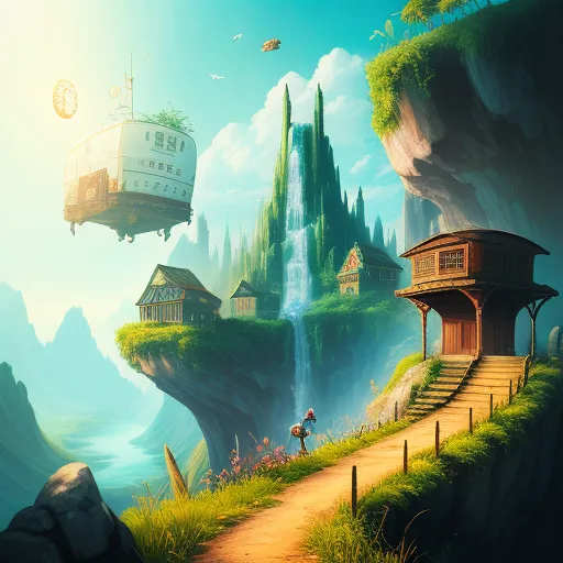 picture converter - a painting of a fantasy landscape with a waterfall and a house on a cliff with a clock on it, by Gediminas Pranckevicius