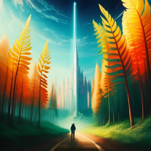 a painting of a man walking down a road towards a tall building with a bright light coming from it, by Christopher Balaskas