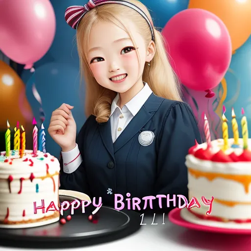 a girl is holding a birthday cake with candles on it and balloons behind her and a birthday card with a happy birthday message, by NHK Animation