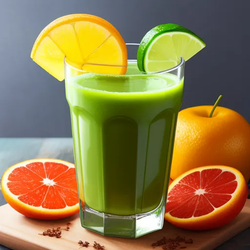 ai based photo editor - a green drink with oranges and limes on a cutting board with a knife and a lemon slice, by Hendrik van Steenwijk I