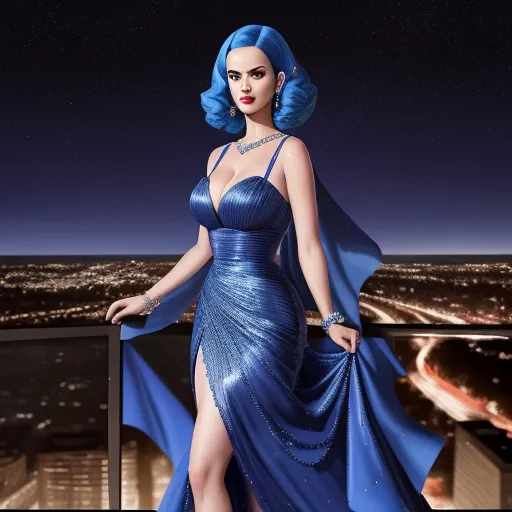 convert to 4k photo - a woman in a blue dress standing on a balcony at night with a city skyline in the background and a cityscape in the background, by David LaChapelle