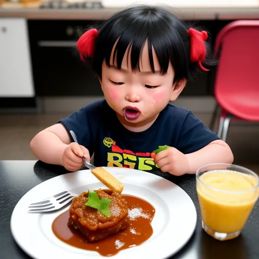 4k converter photo - a little girl sitting at a table with a plate of food in front of her and a glass of orange juice, by Terada Katsuya