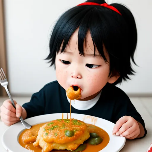 turn a picture into high resolution - a little girl eating a plate of food with a fork in her mouth and a fork in her mouth, by Taiyō Matsumoto