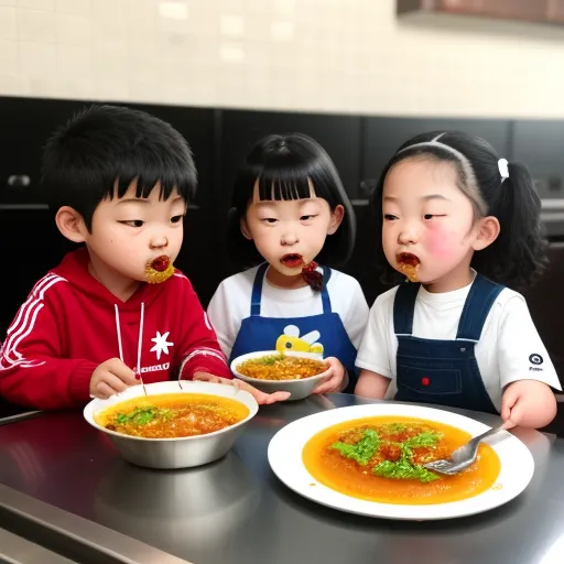 4k quality picture converter - three children sitting at a table eating soup from bowls and plates of soup in front of them, with a spoon in their mouth, by Chen Daofu