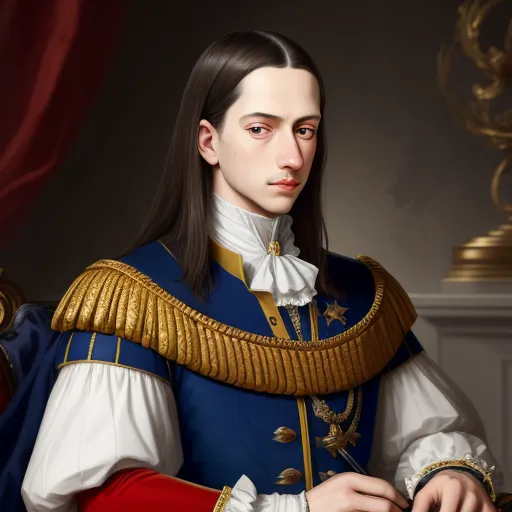 high quality photos online - a painting of a man in a blue and gold uniform with a gold trim around his neck and shoulder, by Hanabusa Itchō II