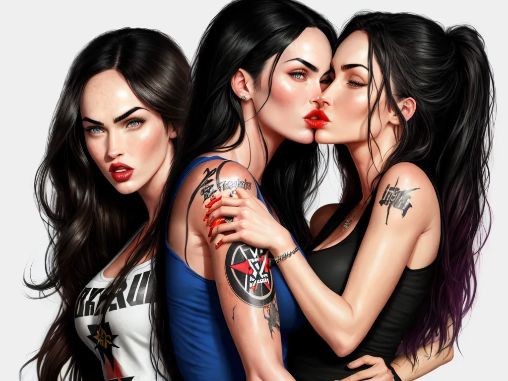 best text to image ai - three women with tattoos and piercings hugging each other and kissing each other with their arms around each other, by Lois van Baarle