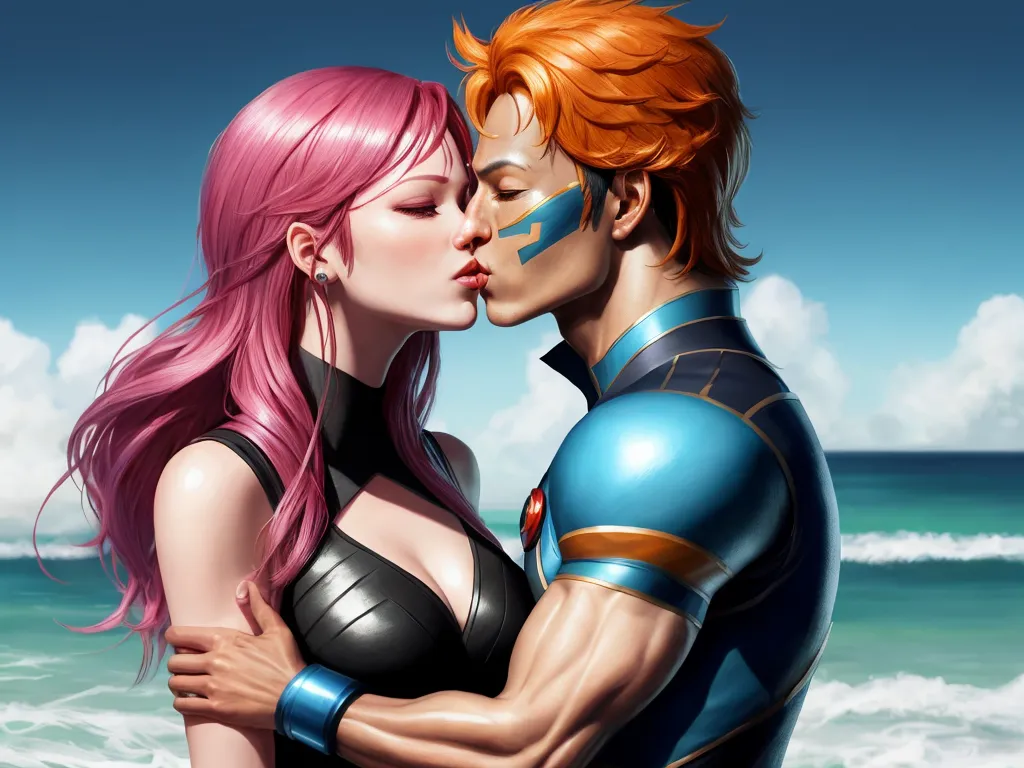 a couple of people that are kissing each other on a beach with the ocean in the background and clouds in the sky, by Hirohiko Araki