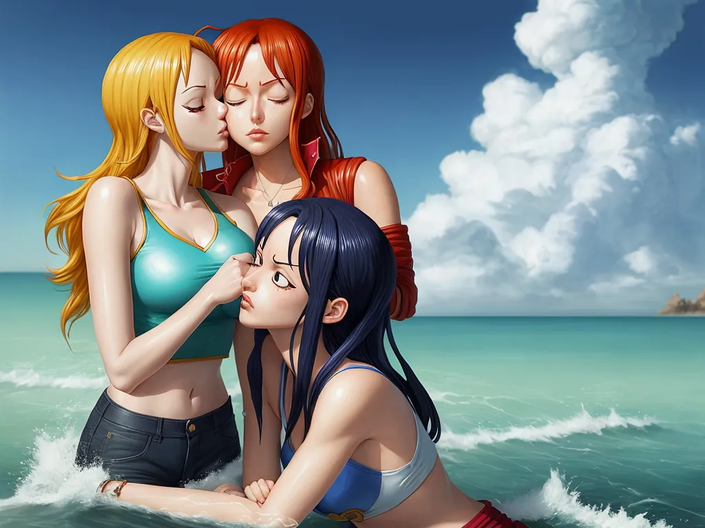 complete image ai - three girls are in the water with their heads together and one is kissing the other's cheek while the other is kissing her cheek, by Toei Animations