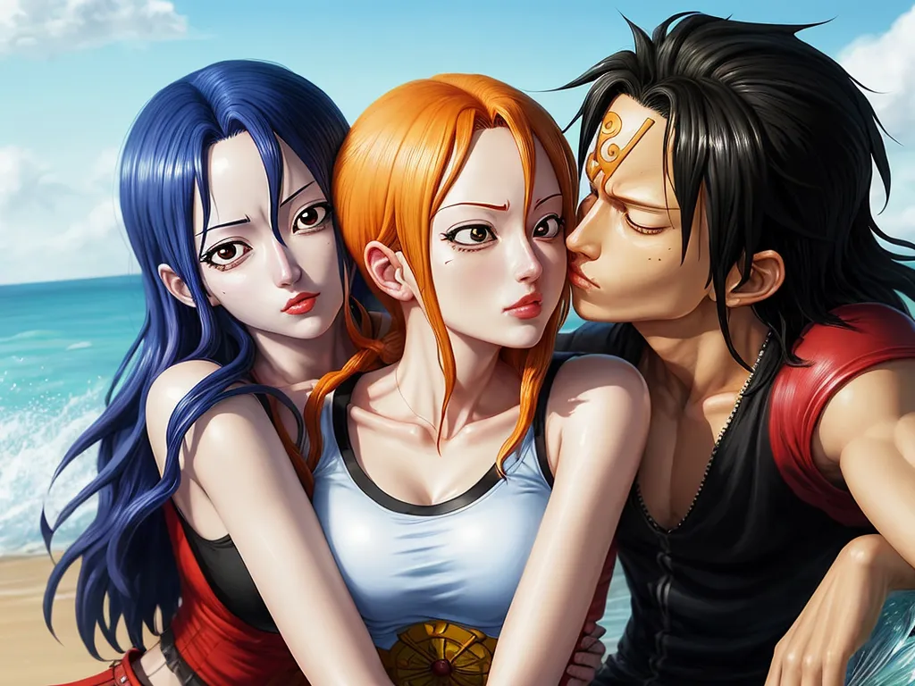 translate image online - three anime characters are sitting on the beach together, one is kissing the other's cheek while the other is holding his head, by Toei Animations