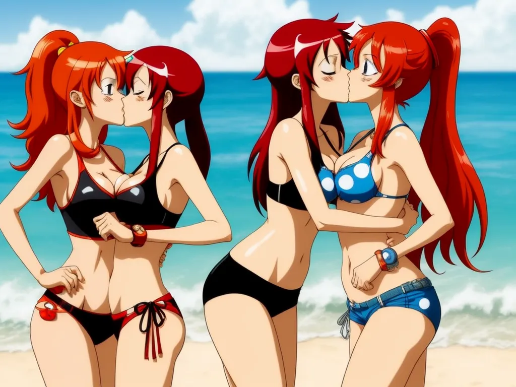 enlarge image - three women in bikinis standing on a beach with the ocean in the background and a sky in the background, by Toei Animations