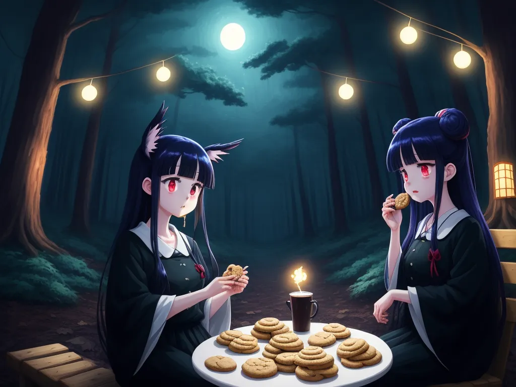 ai image generator online - two anime girls sitting at a table with cookies and a lit candle in front of them, one of them is eating, by Hayao Miyazaki