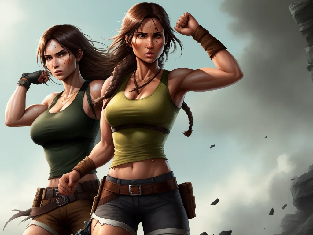 two women in green shirts and brown shorts holding guns and a gun in their hands, with a sky background, by Hanna-Barbera