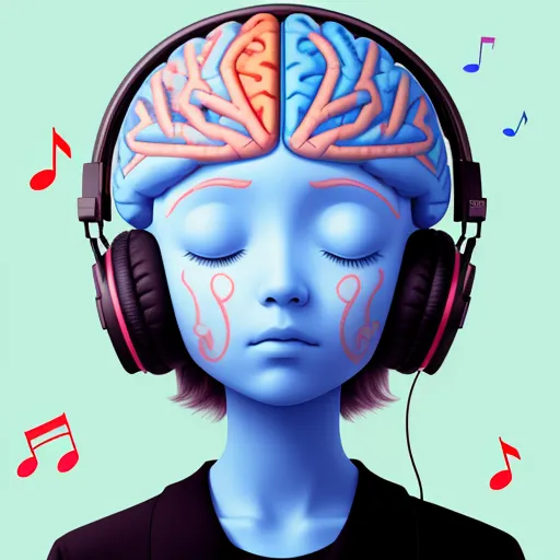 hd photo online - a blue woman with headphones and a brain map on her head is listening to music notes and music notes, by Daniela Uhlig