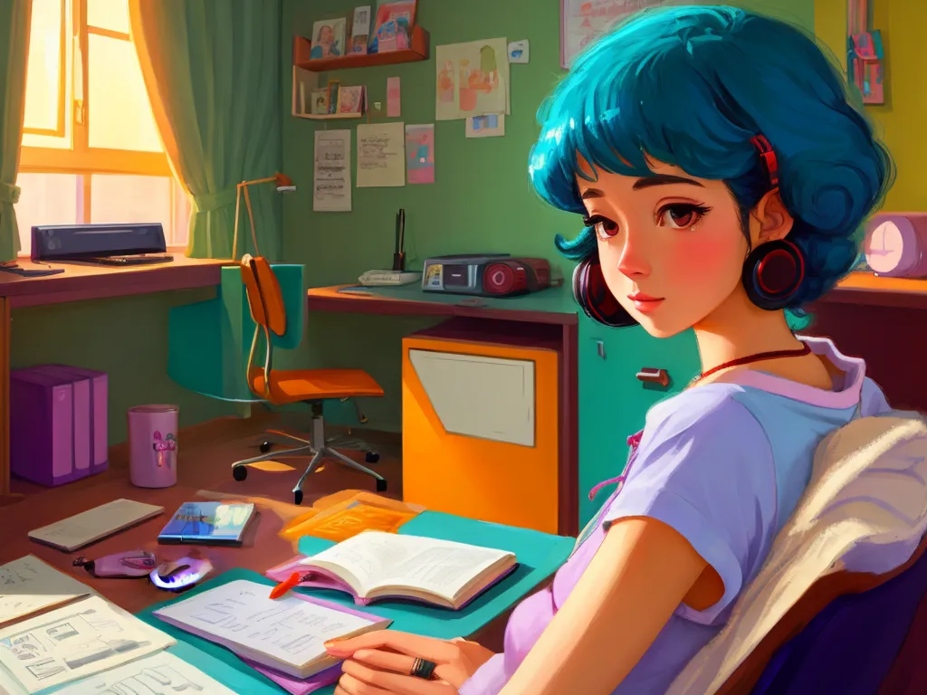 low resolution images - a girl with blue hair sitting at a desk with a book and a pair of earphones on her head, by Lois van Baarle