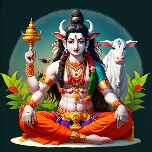 ultra high resolution images free - a painting of a hindu god with a cow in the background and a green background behind it, with a black background, by Raja Ravi Varma