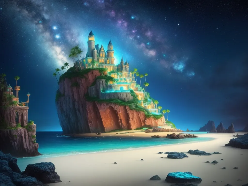 a castle on a rock in the middle of the ocean with a star filled sky above it and a beach below, by Cyril Rolando