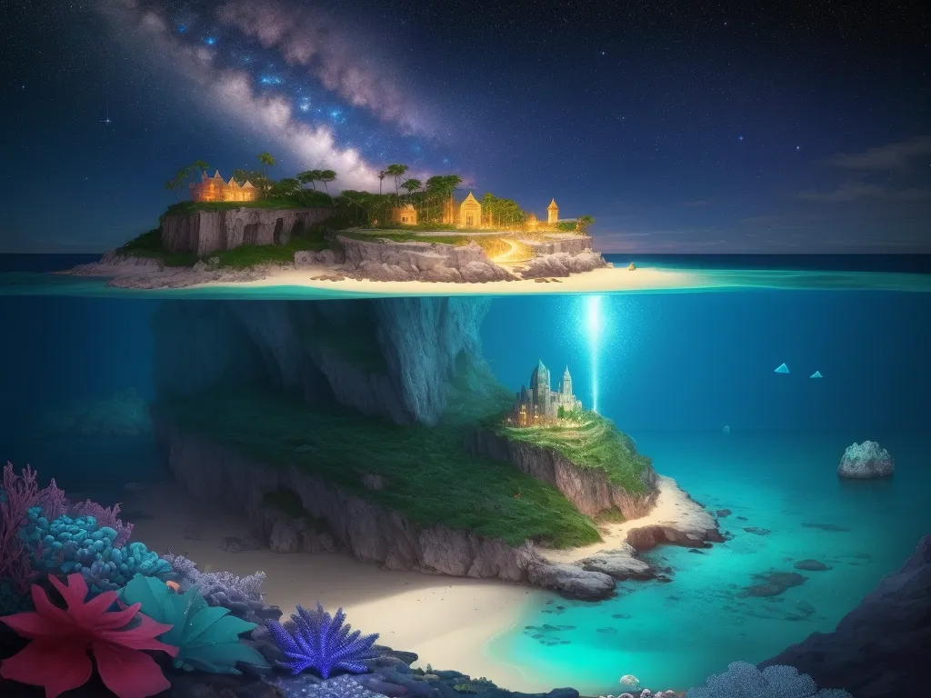 a small island with a castle on top of it under the water at night time with stars above it, by Cyril Rolando