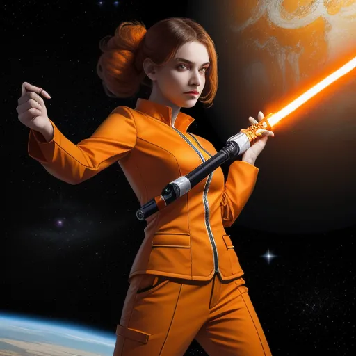 a woman in orange is holding a light saber in her hand and a planet in the background with a star wars scene, by Daniela Uhlig