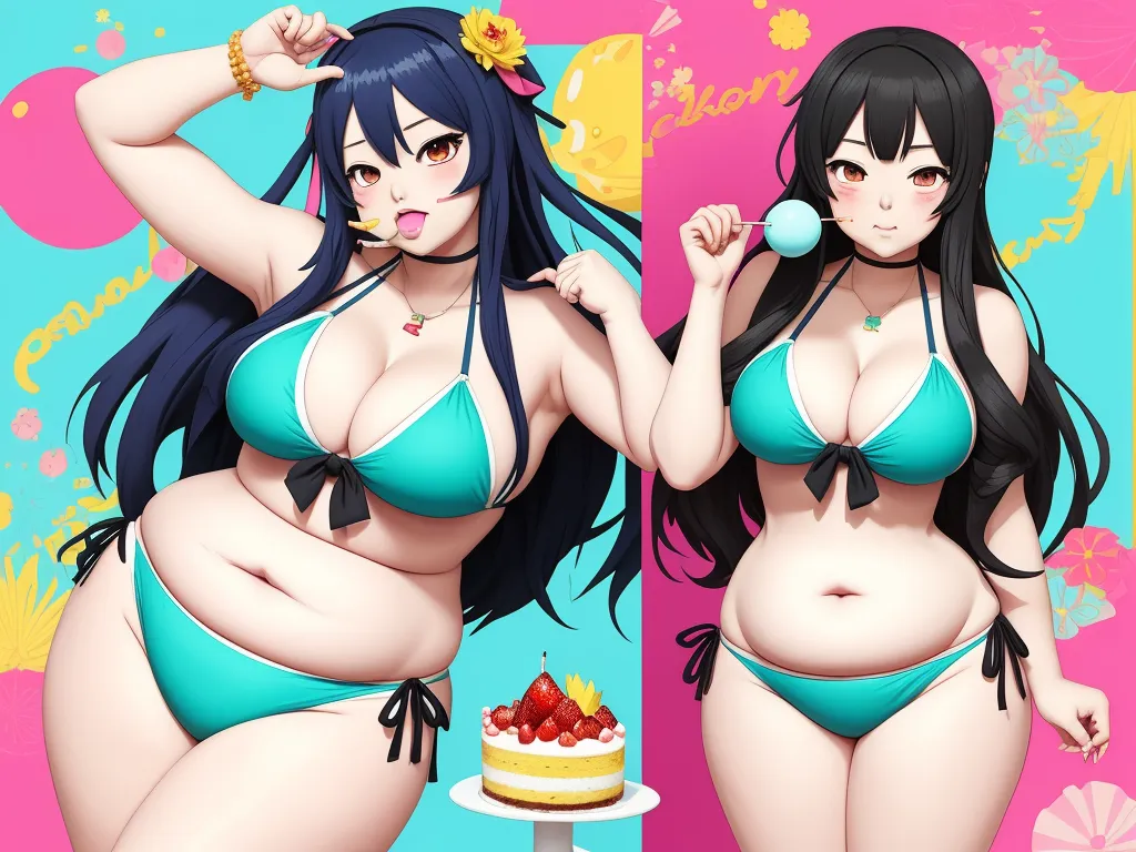 convert to 4k photo - a cartoon picture of a woman in a bikini with a cake in front of her and a cake in the background, by Toei Animations