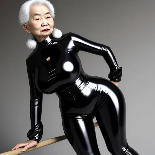 low quality image - a woman in a black latex suit holding a baseball bat and posing for a picture with a gray background, by Yayoi Kusama