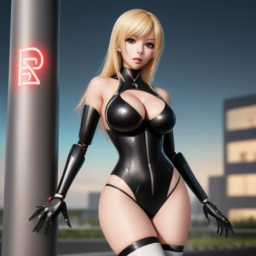 best free text to image ai - a woman in a black latex outfit standing next to a pole with a neon sign on it's side, by Terada Katsuya