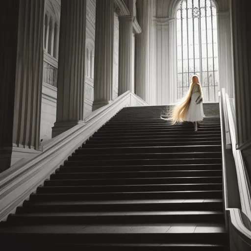 a woman in a white dress is walking down a set of stairs in a building with columns and a window, by Elizabeth Gadd