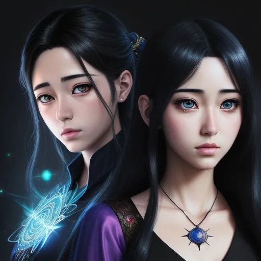 two women with long black hair and blue eyes are standing next to each other, one of them has a butterfly on her shoulder, by Chen Daofu