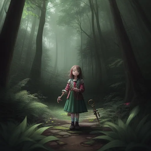 turn photo to 4k - a little girl standing in a forest holding a knife and a key in her hand and a forest background, by Hayao Miyazaki