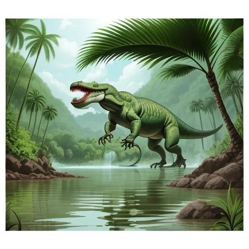advanced ai image generator - a dinosaur is walking in the water near a palm tree and a waterfall with a waterfall in the background, by Mary Anning