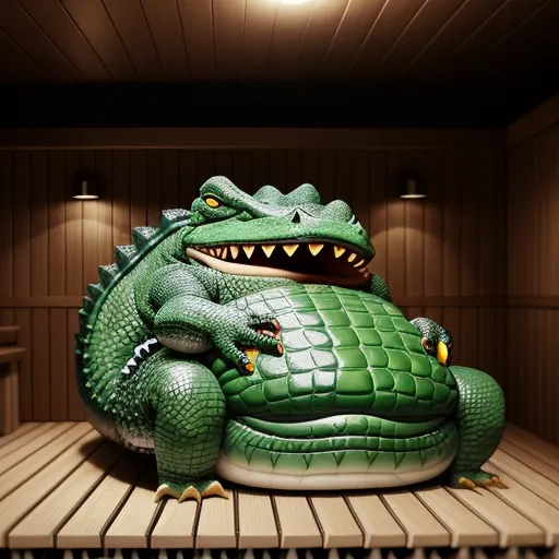 4k resolution photo converter - a large green alligator statue sitting on top of a wooden platform in a room with a ceiling light above it, by Raphaelle Peale