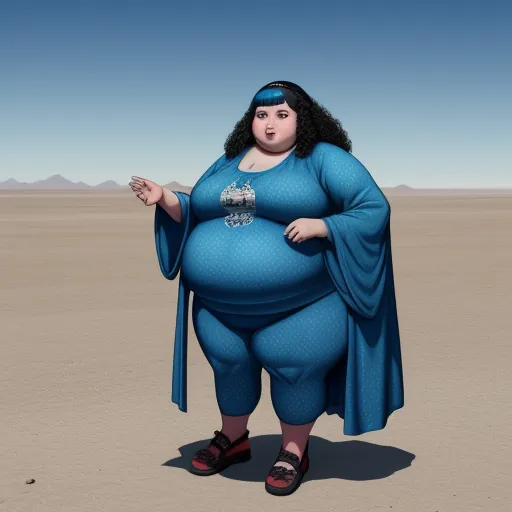 a woman in a blue dress and a big belly standing in the desert with her hands out to her side, by Fernando Botero