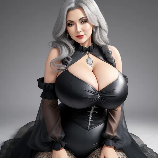 text to ai image generator - a woman in a black dress with a big breast and a big cleavage is posing for a picture with her hands on her hips, by Terada Katsuya
