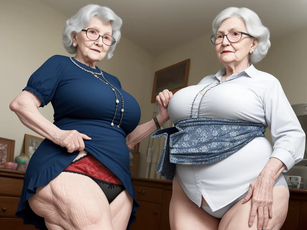 text to ai generated image - two older women in underwear posing for a picture together in a living room with a dresser and dresser behind them, by Alec Soth