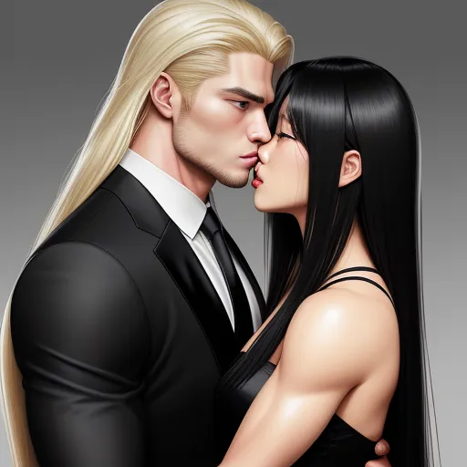 a man and woman are kissing each other in a black suit and tie, with long hair and a black dress, by Lois van Baarle