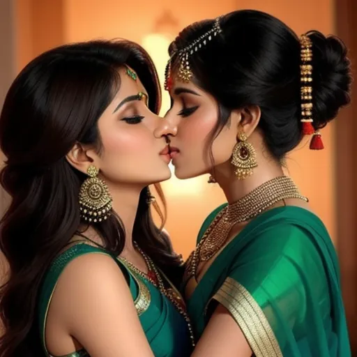 word to image generator ai - two women in green dresses kissing each other with their heads touching each other's noses and wearing gold jewelry, by Raja Ravi Varma