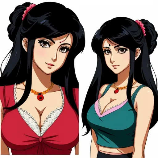 ai created images - two cartoon girls with long black hair and red tops, one with a green shirt and one with a red top, by Toei Animations