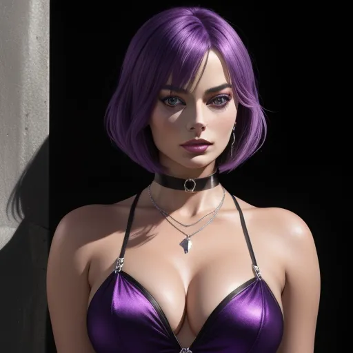 a woman with purple hair wearing a bra and choker necklace and choker necklace on her neck and chest, by Hirohiko Araki