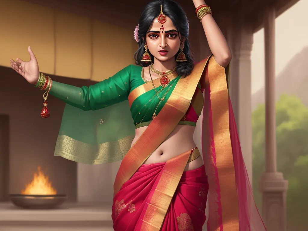 word to image generator ai - a woman in a sari dancing in a room with a fire place in the background and a fire place in the foreground, by Raja Ravi Varma